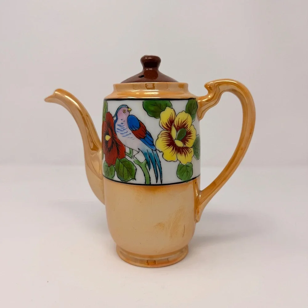 Vintage Japanese Lusterware Teapot Peach Hand Painted Parrot‎ Floral Made Japan